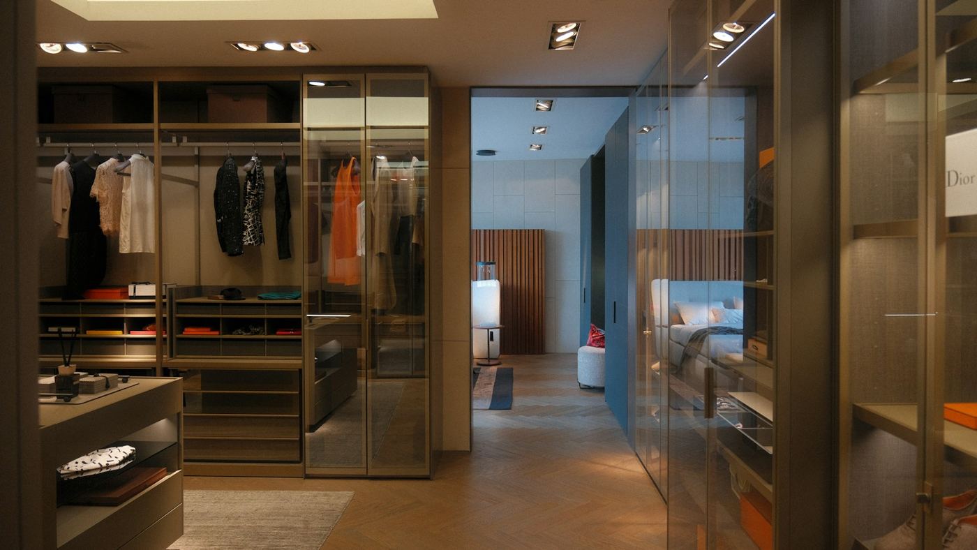 Floor-to-ceiling fitted wardrobes with hanging space running the length of the wall