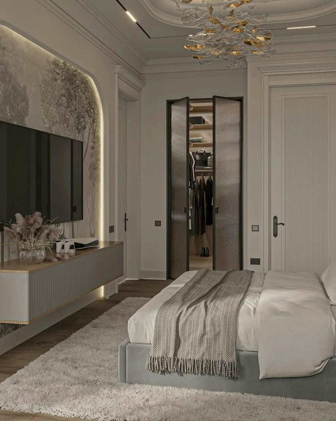 Painted panelled wardrobe doors running the full height of the bedroom wall