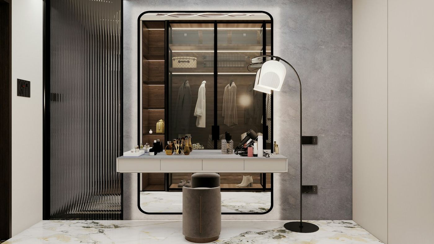 Walk-in dressing room with open hanging rails, shelving and a vanity area