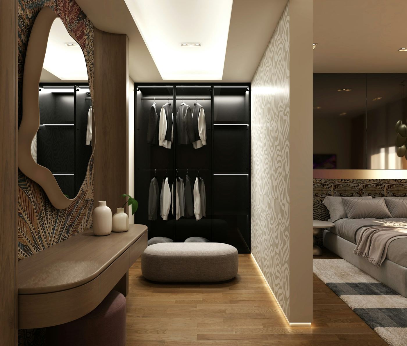 The Atelier — walk-in dressing room layout with open hanging, shelving and a central drawer island